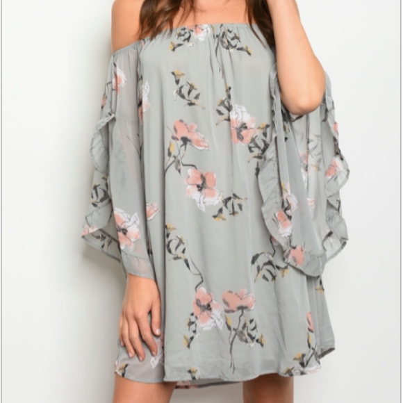 Dresses & Skirts - LAST 1: Light Grey Floral Off the Shoulder Dress
